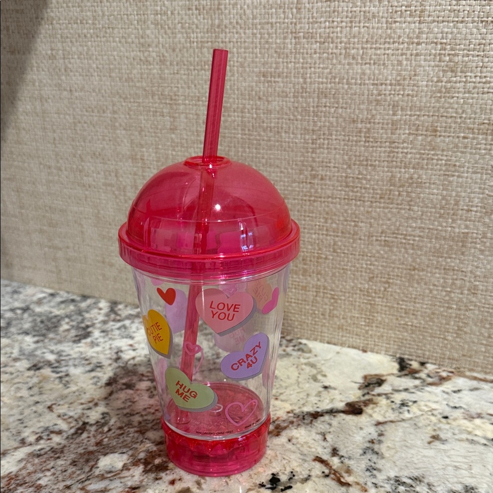 Pink Conversation Heart Plastic Tumbler with Straw - Unbranded